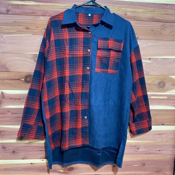 Denim &‎ Plaid Button Up Top - Picture 1 of 5